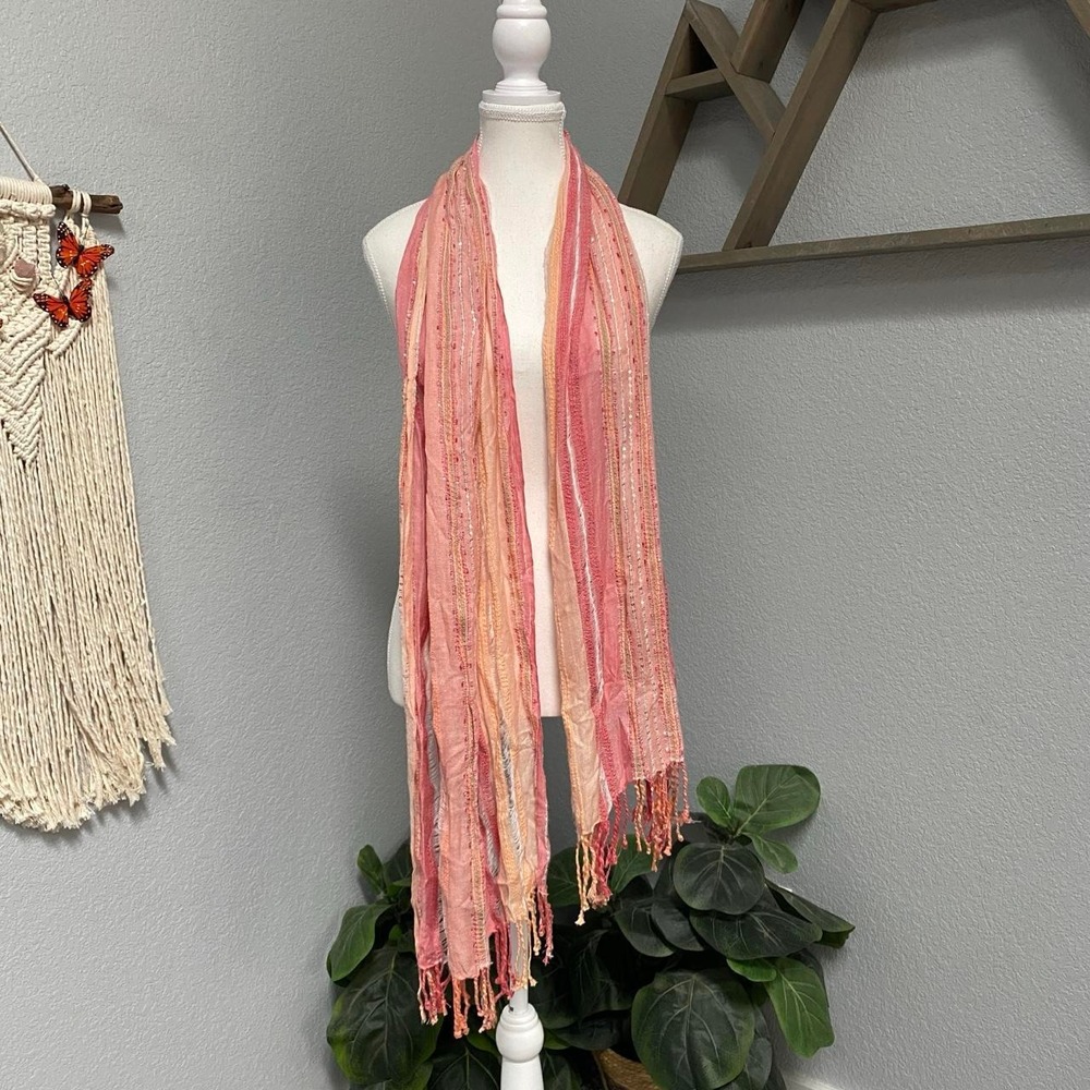 PINK ORANGE STRIPED FRINGE TASSEL SCARF LIGHTWEIGHT Y2K COTTAGECORE WHIMSICAL